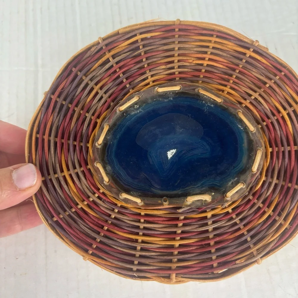 Basketry Elegance-handcrafted multi-colored small tray with agate center-NWT